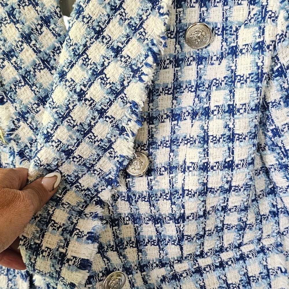 Vici Collection Blue Tweed Blazer Silver Buttons Frayed Trim Size Large - Picture 2 of 8